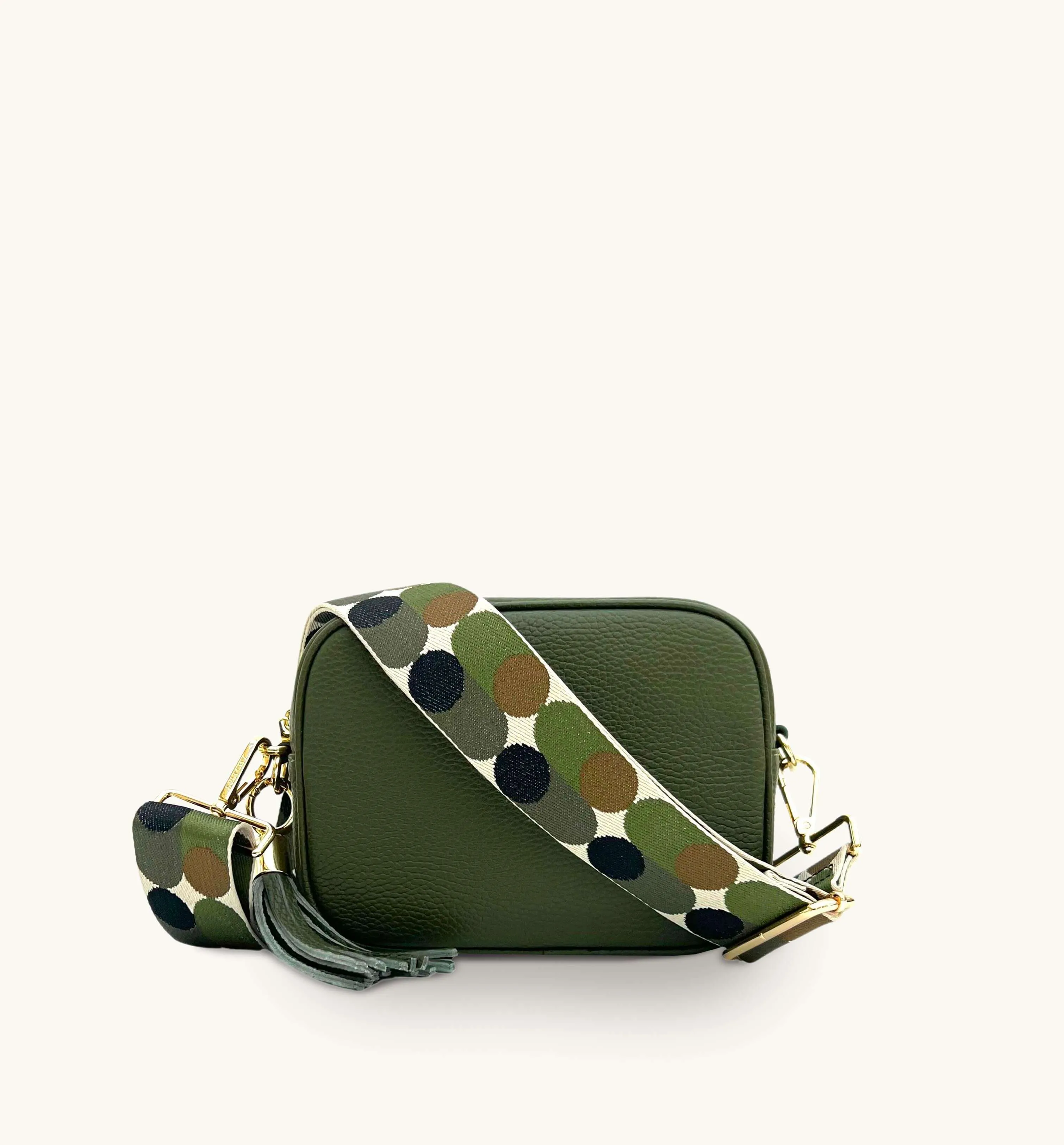 The Tassel Olive Green Leather Crossbody Bag With Khaki Pills Strap