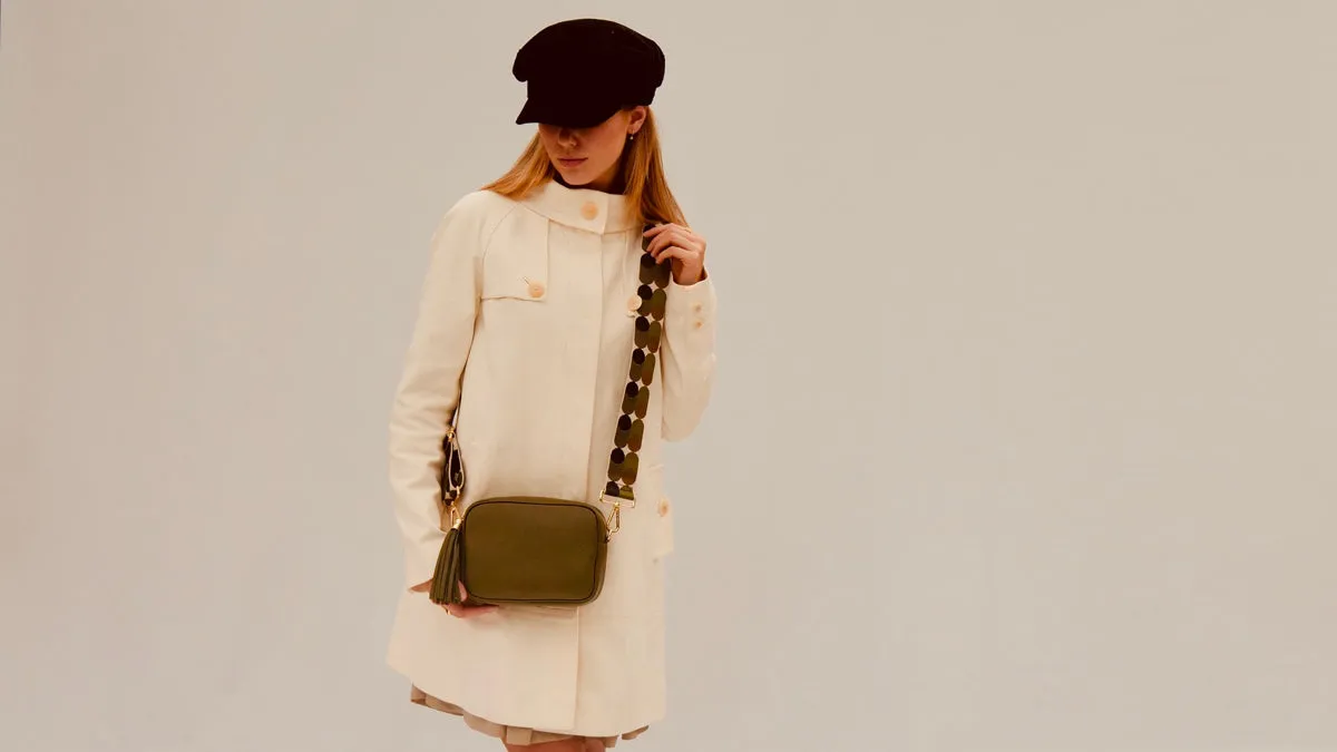 The Tassel Olive Green Leather Crossbody Bag With Khaki Pills Strap